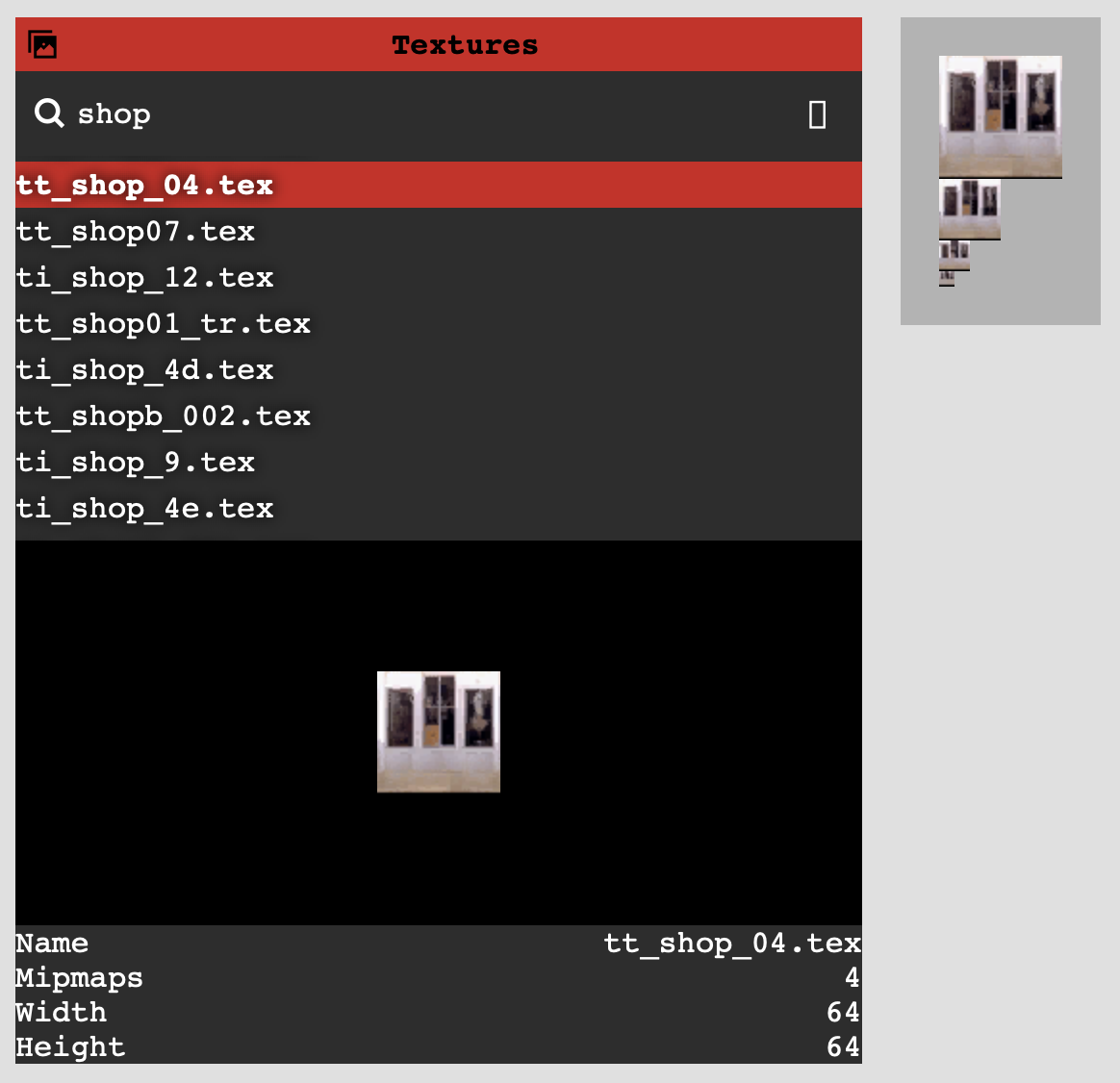 Screenshot from noclip's UI showing each mipmap for TT_shop_04.tex