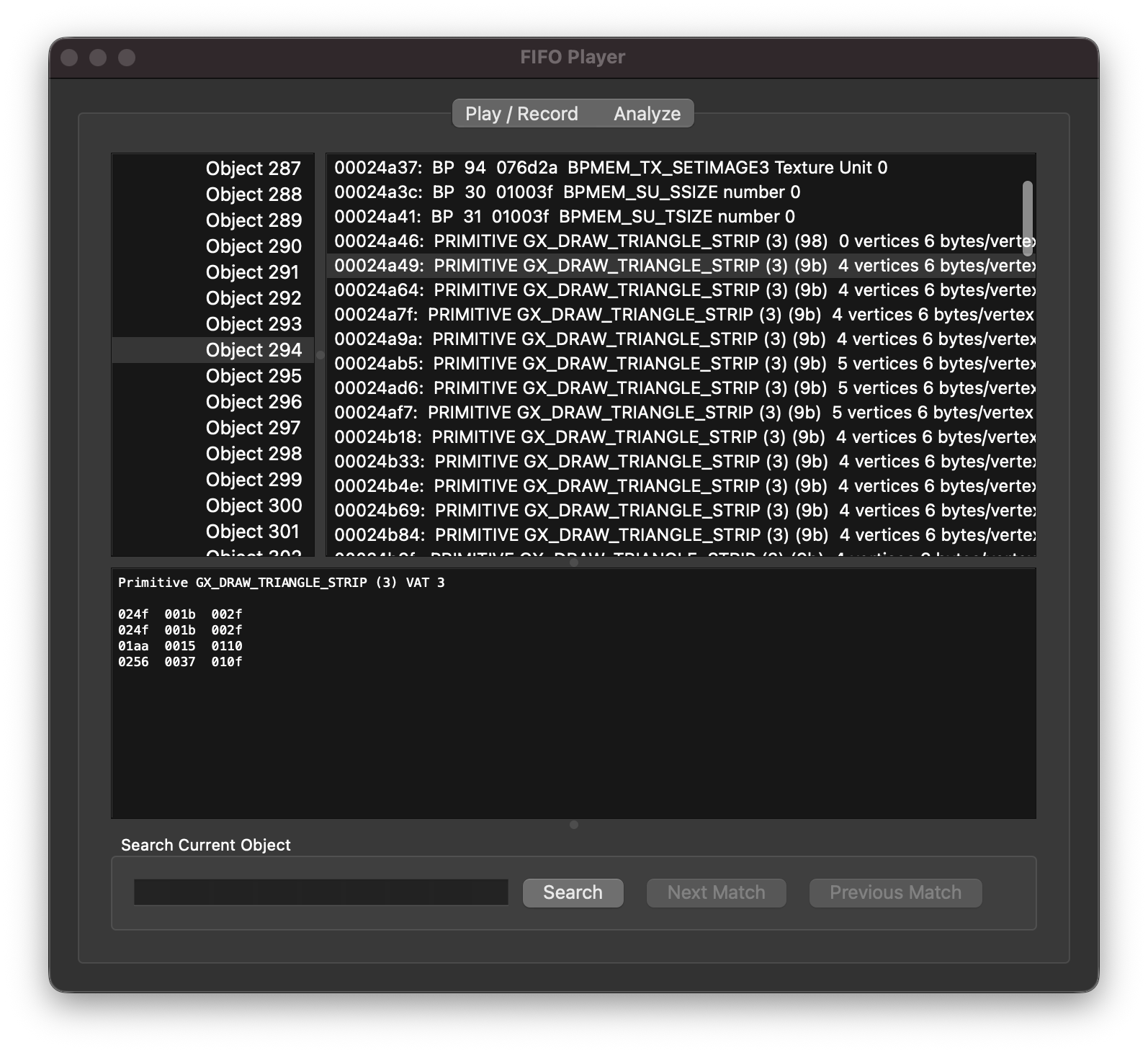 Dolphin's FIFO Player displaying frame data